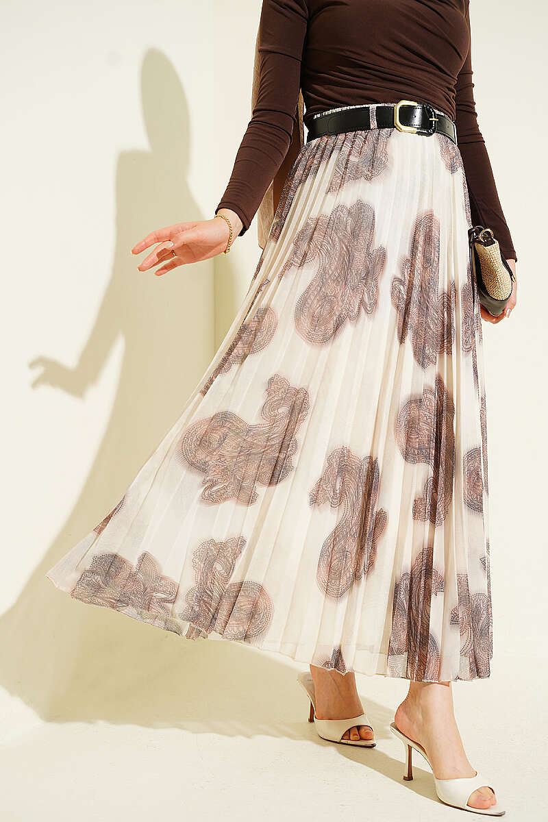 Paisley Pleated Chiffon Skirt - Brown