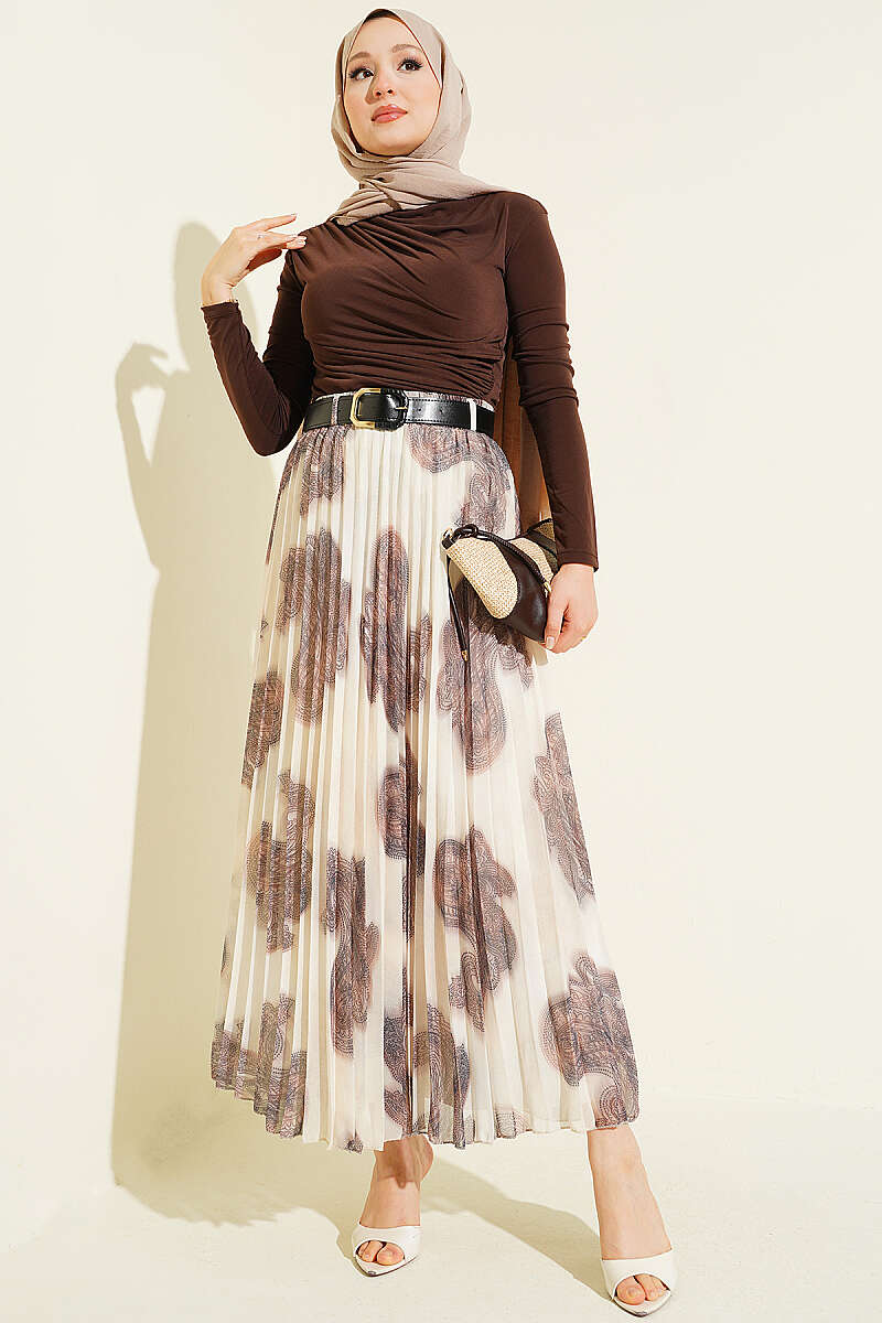 Paisley Pleated Chiffon Skirt - Brown