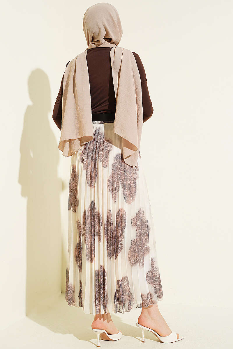 Paisley Pleated Chiffon Skirt - Brown