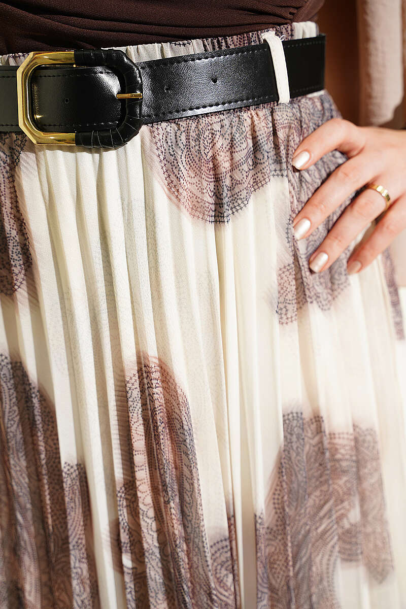 Paisley Pleated Chiffon Skirt - Brown