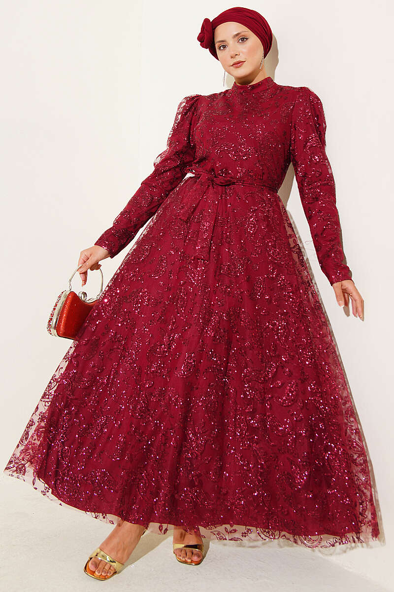 Paisley Glitter Sequin Evening Dress - Burgundy