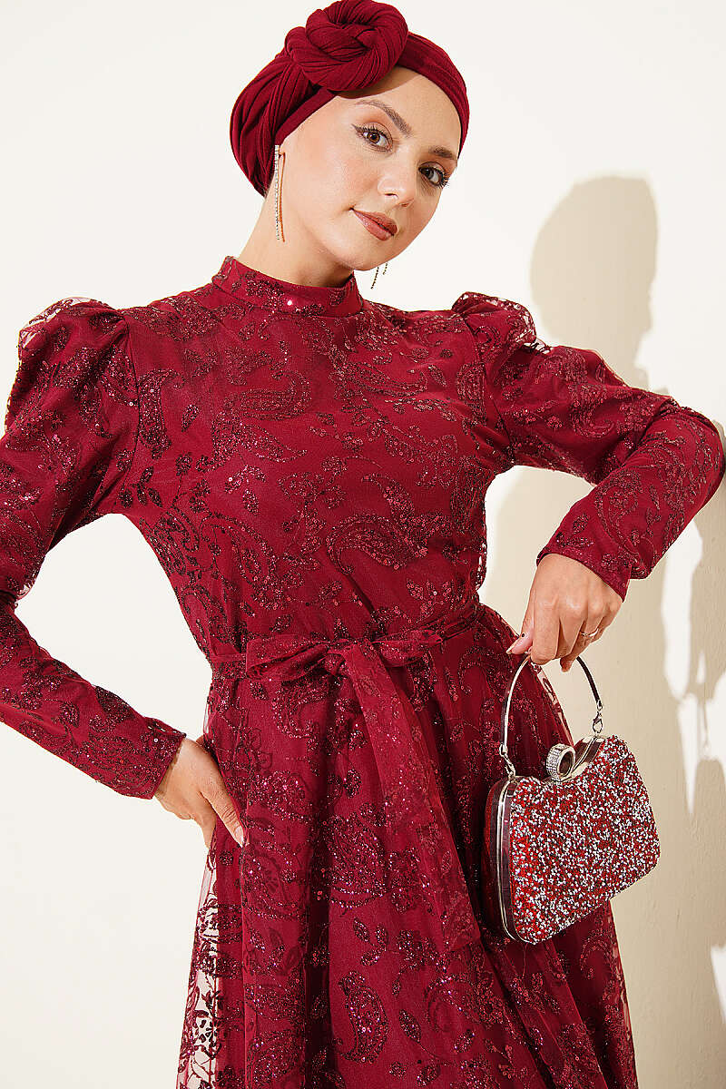 Paisley Glitter Sequin Evening Dress - Burgundy
