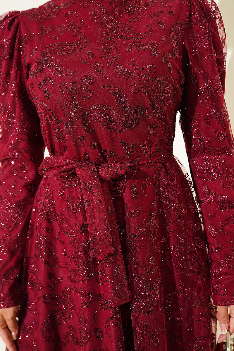 Paisley Glitter Sequin Evening Dress - Burgundy