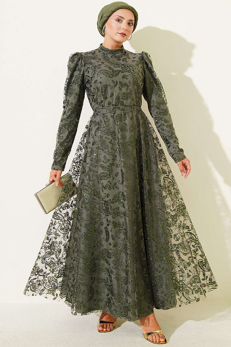 Paisley Glitter Sequin Evening Dress - Khaki