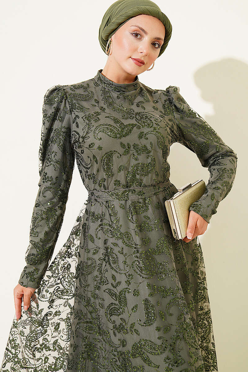 Paisley Glitter Sequin Evening Dress - Khaki