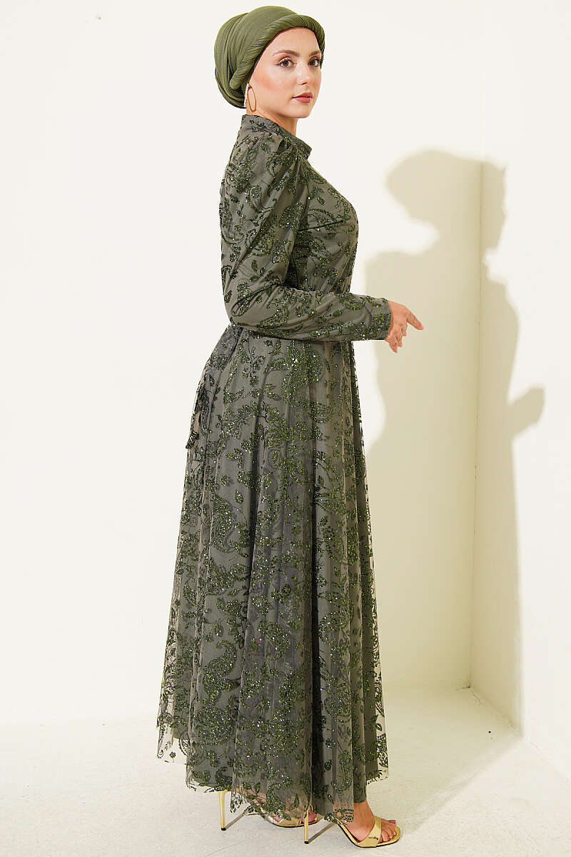 Paisley Glitter Sequin Evening Dress - Khaki