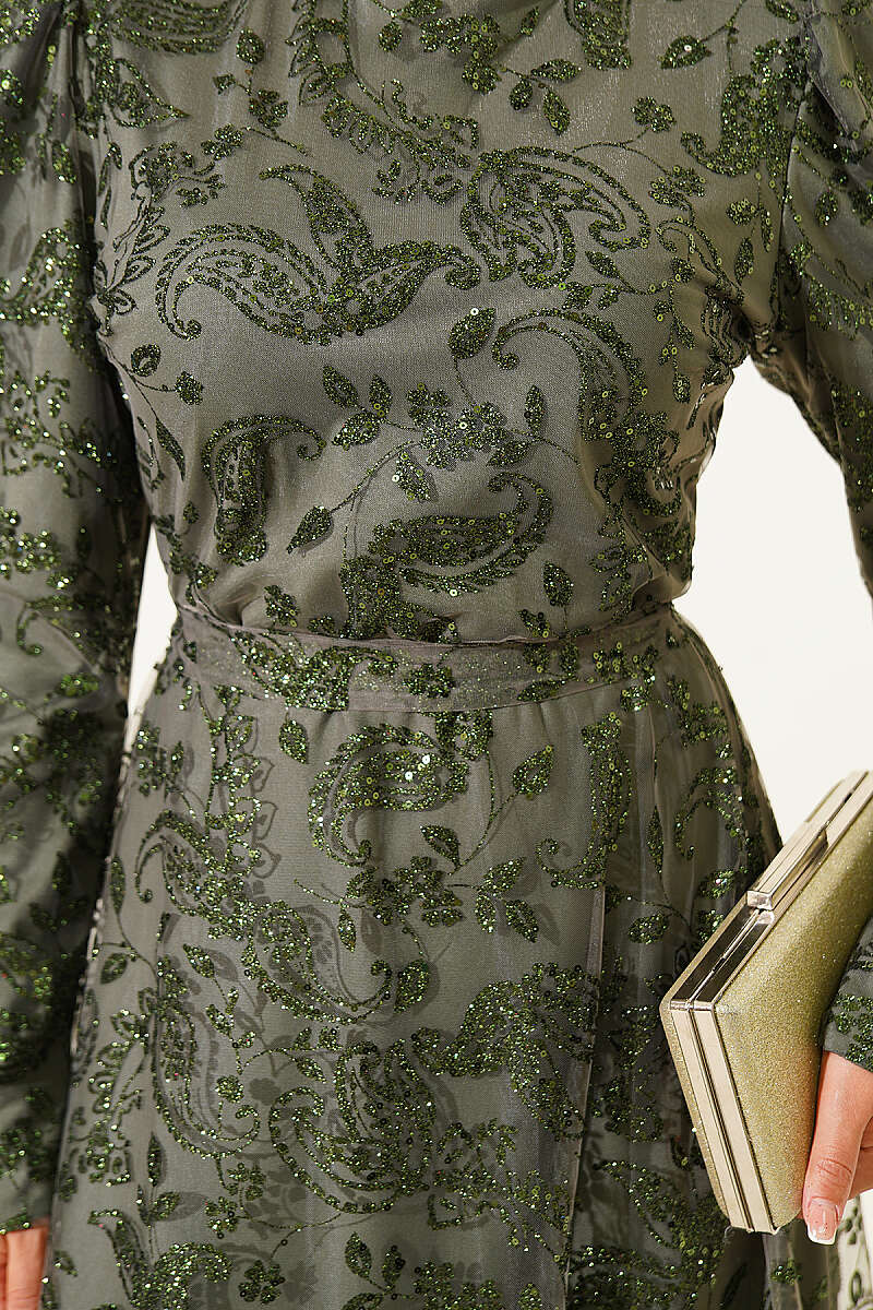 Paisley Glitter Sequin Evening Dress - Khaki