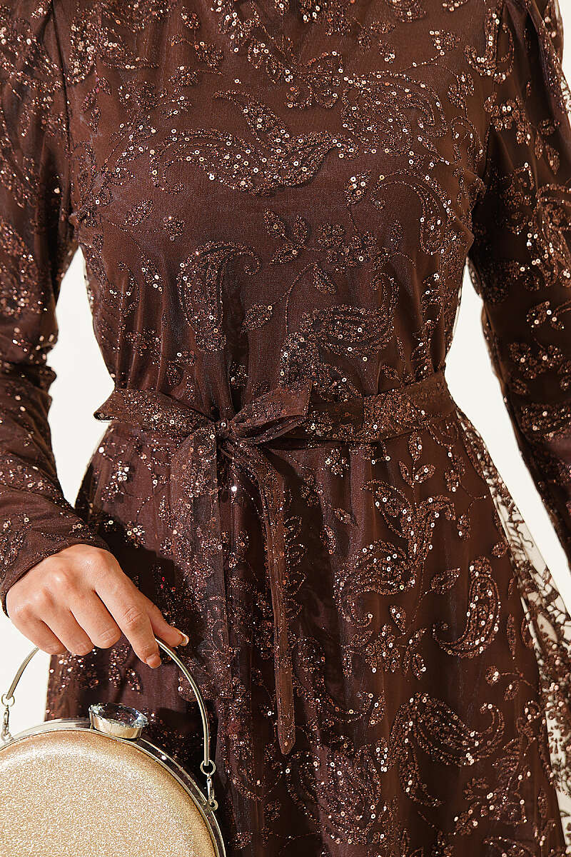Paisley Glitter Sequin Evening Dress - Brown