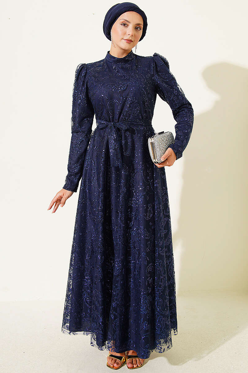 Paisley Glitter Sequin Evening Dress - Navy