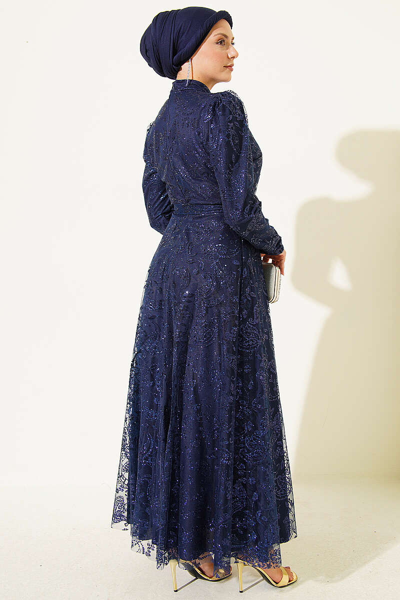 Paisley Glitter Sequin Evening Dress - Navy