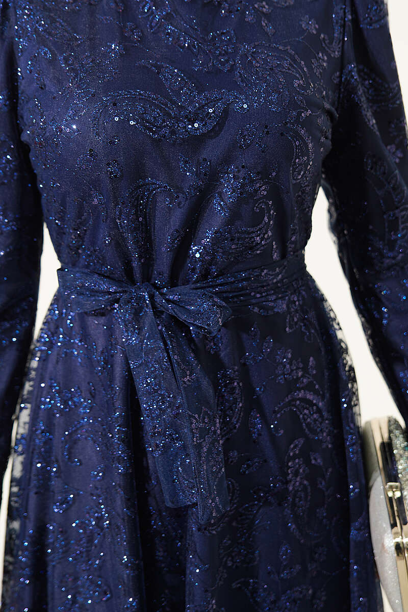 Paisley Glitter Sequin Evening Dress - Navy