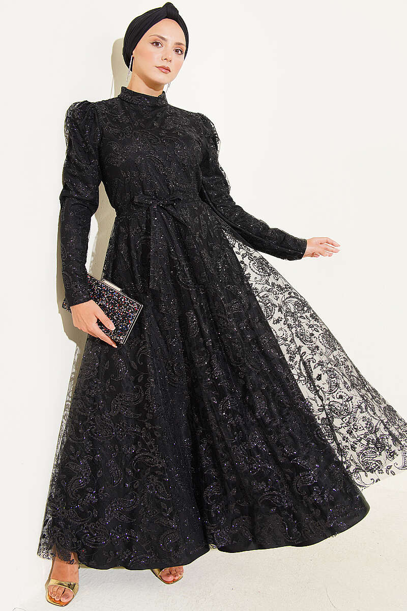 Paisley Glitter Sequin Evening Dress - Black