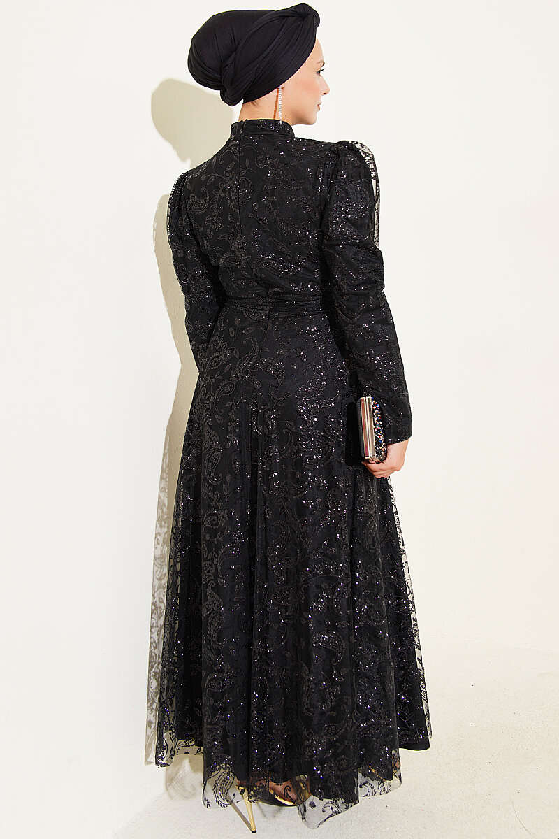 Paisley Glitter Sequin Evening Dress - Black