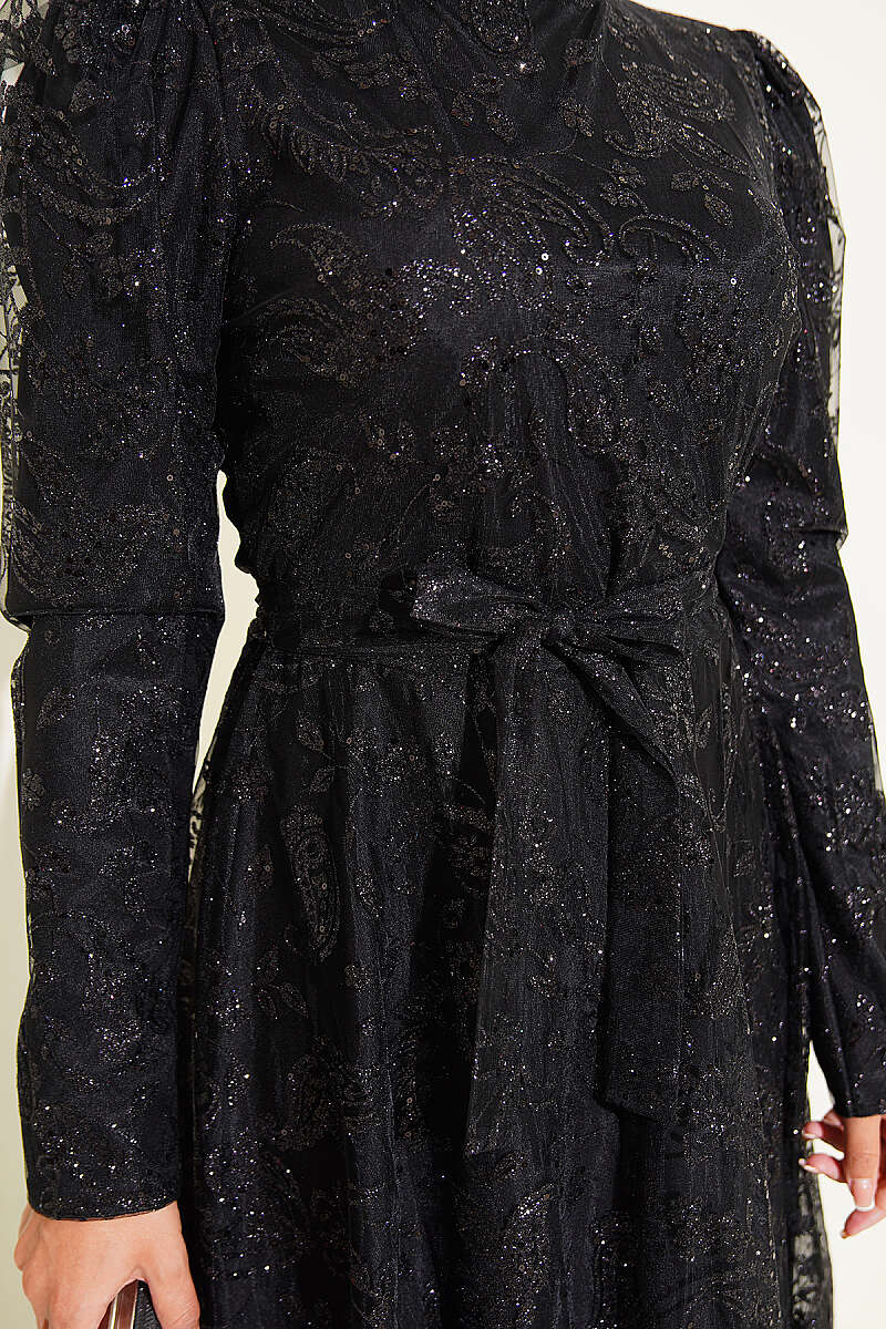 Paisley Glitter Sequin Evening Dress - Black