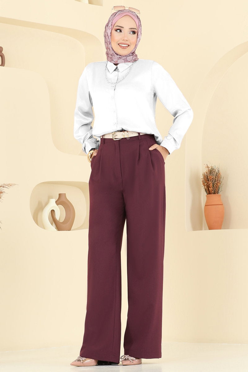 Woven Palazzo Trousers - Burgundy