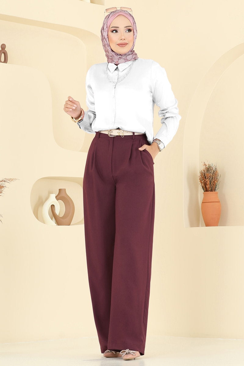 Woven Palazzo Trousers - Burgundy