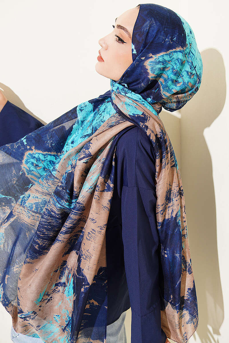 Vio Light Palette Print Shawl - Navy-Mink