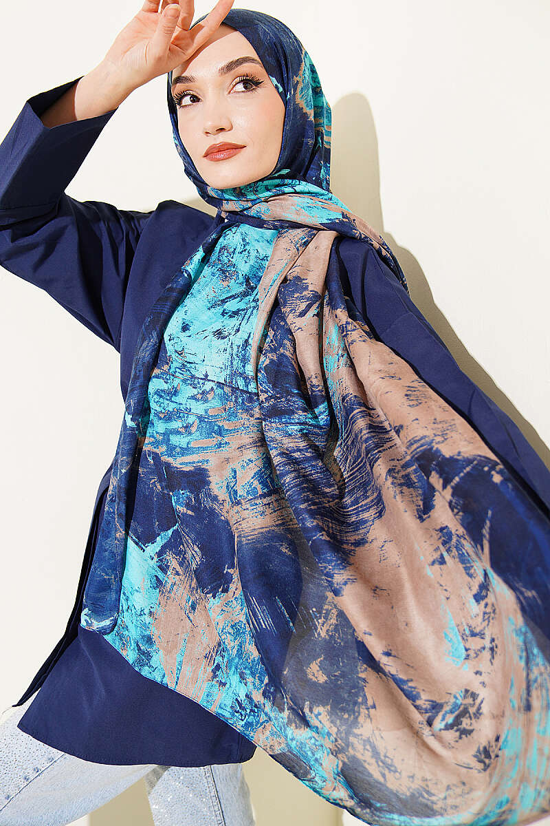 Vio Light Palette Print Shawl - Navy-Mink