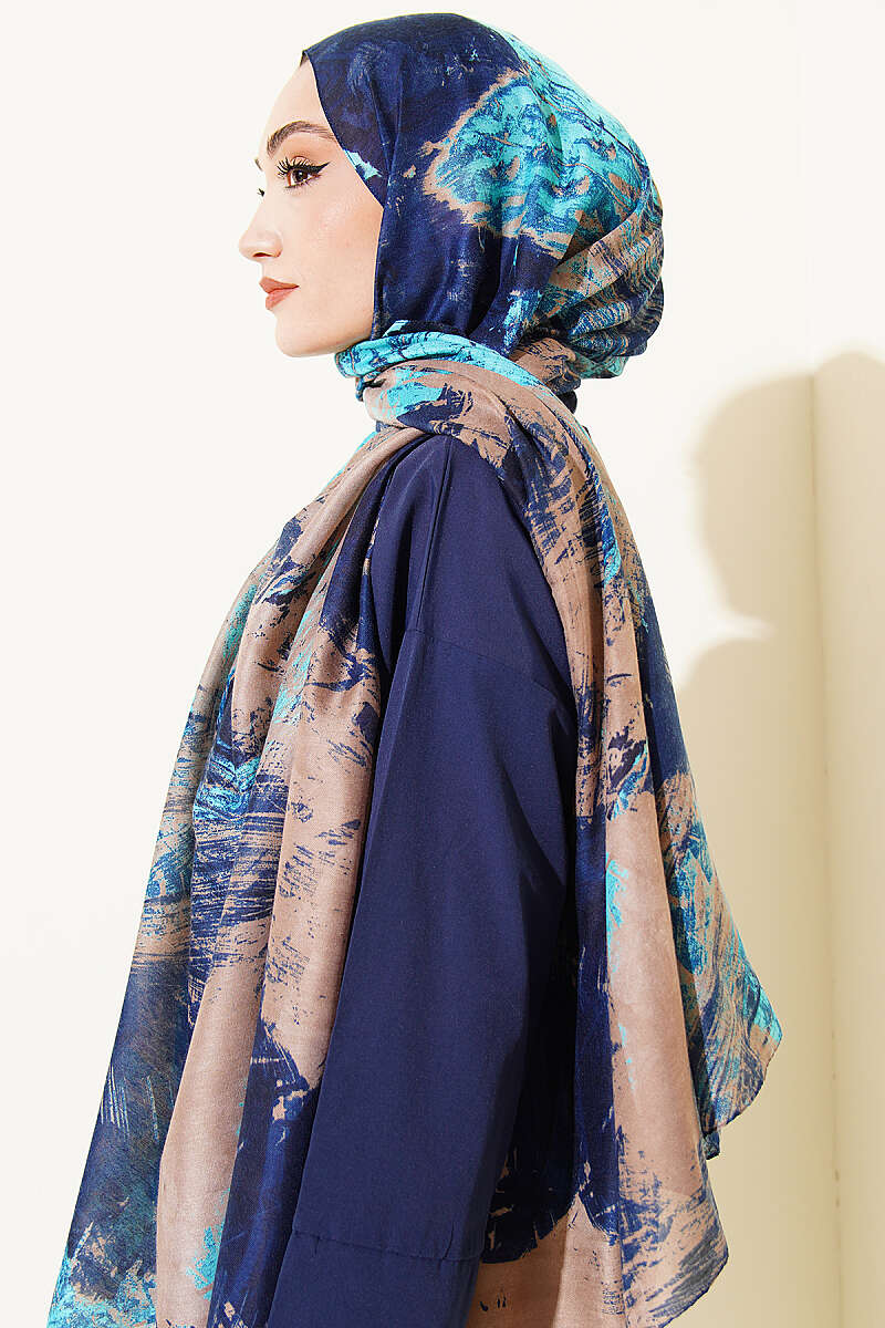 Vio Light Palette Print Shawl - Navy-Mink