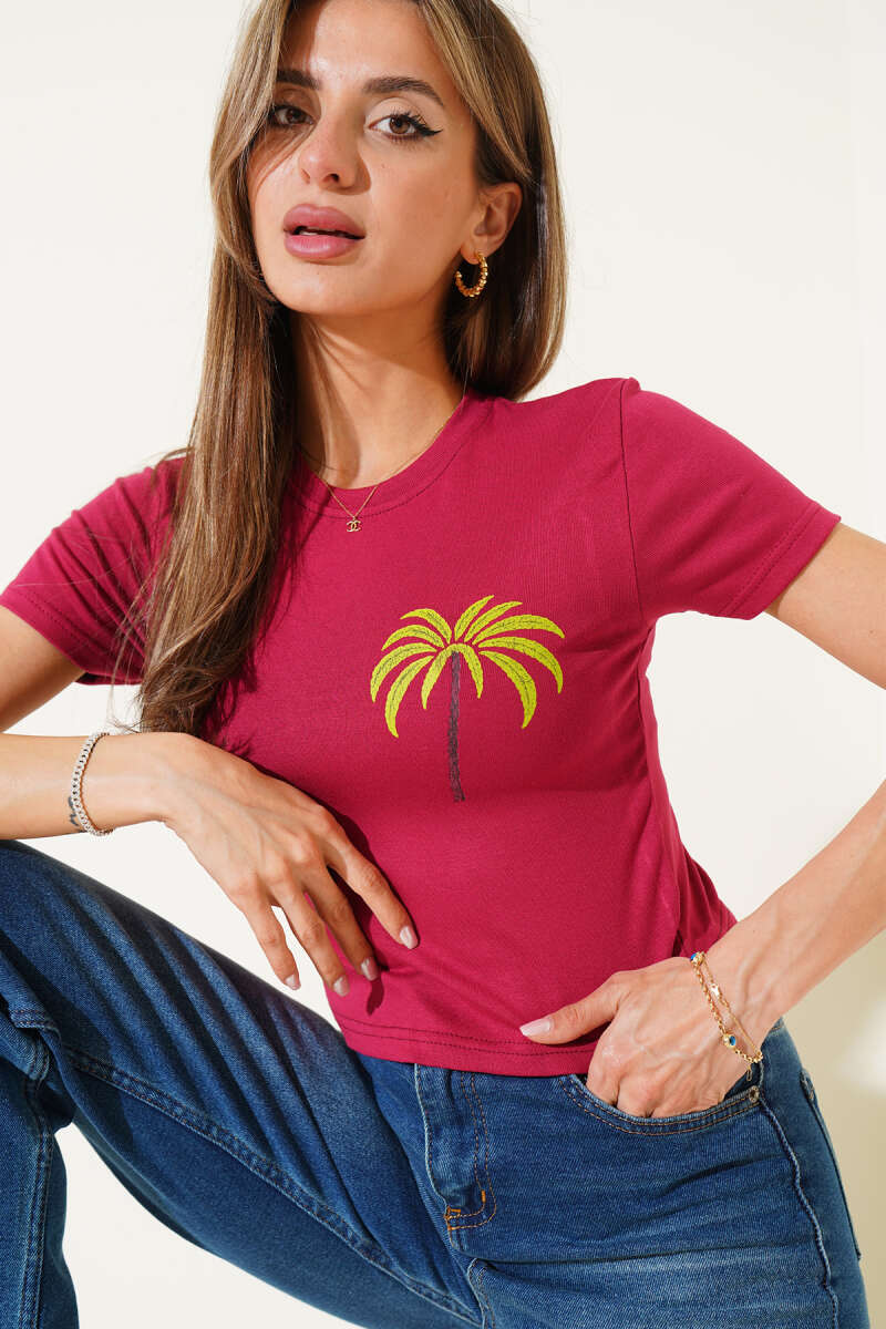 Palm Print Crop Top - Burgundy