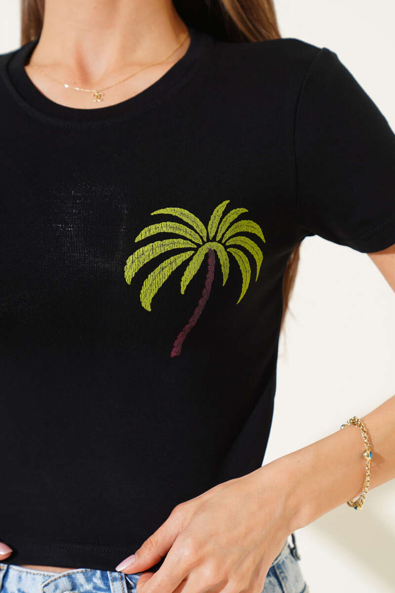 Palm Print Crop Top - Black