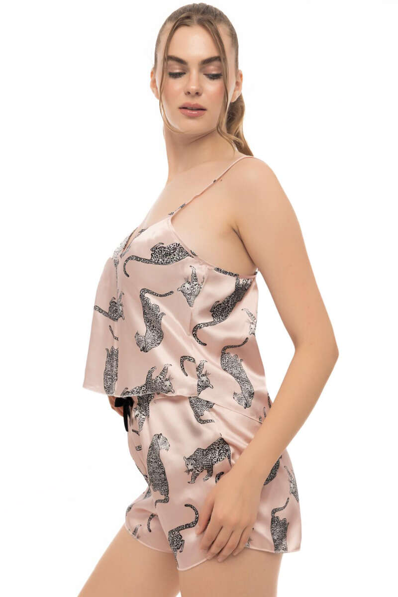 Panther Print Strappy Satin Pyjama Set - Salmon