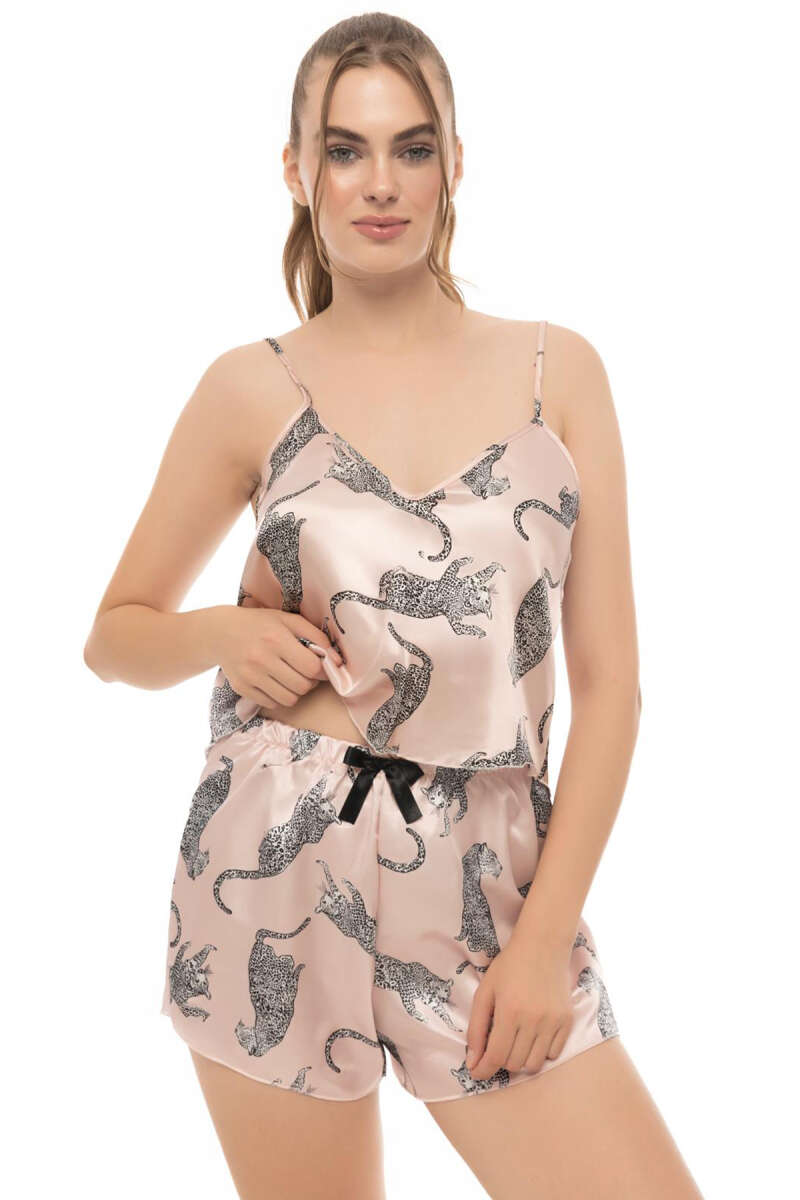Panther Print Strappy Satin Pyjama Set - Salmon
