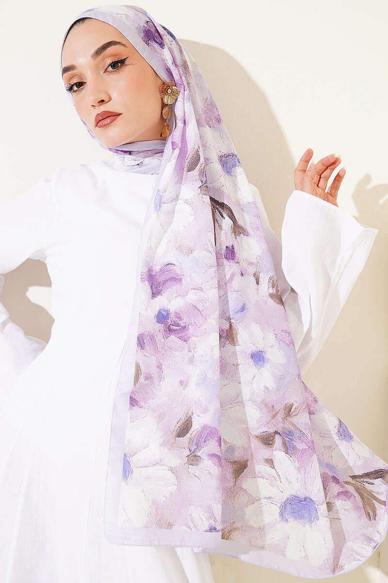 Daisy Print Soft Shawl - Lilac