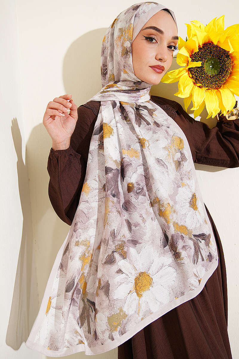 Daisy Print Soft Shawl - Stone