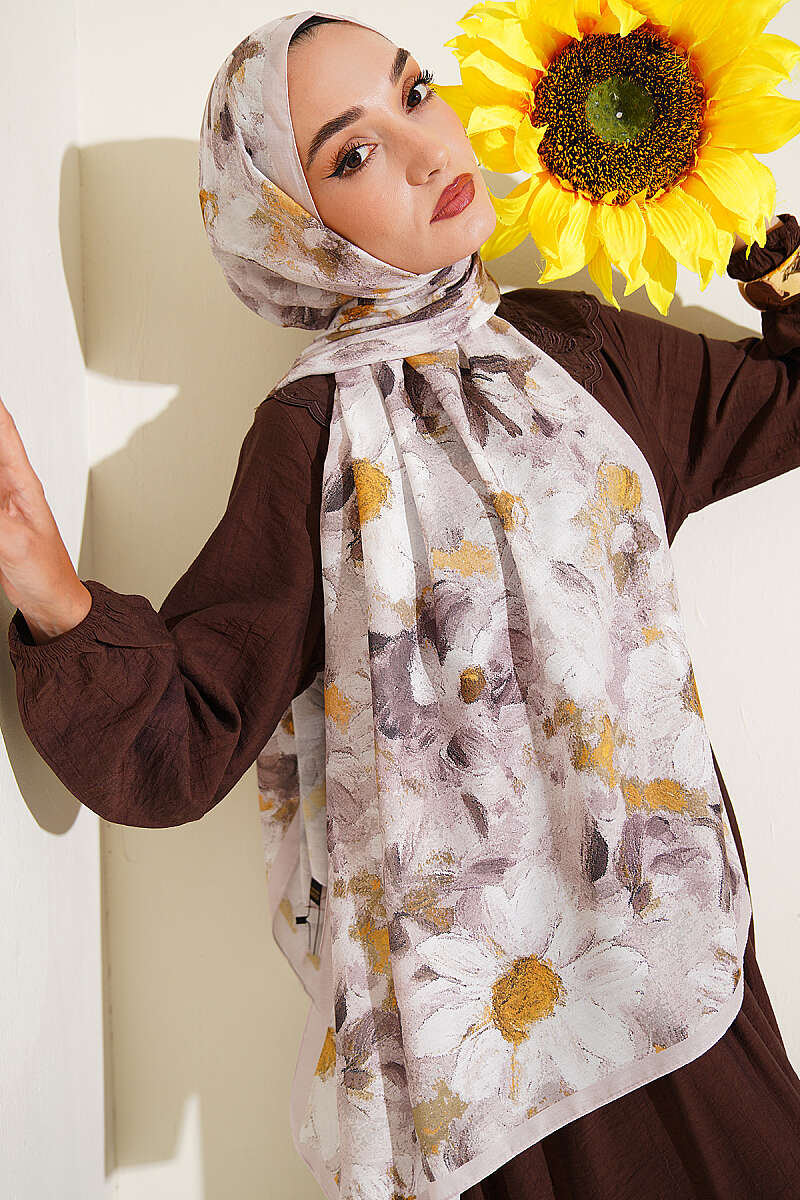 Daisy Print Soft Shawl - Stone
