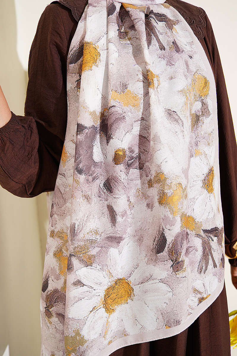 Daisy Print Soft Shawl - Stone