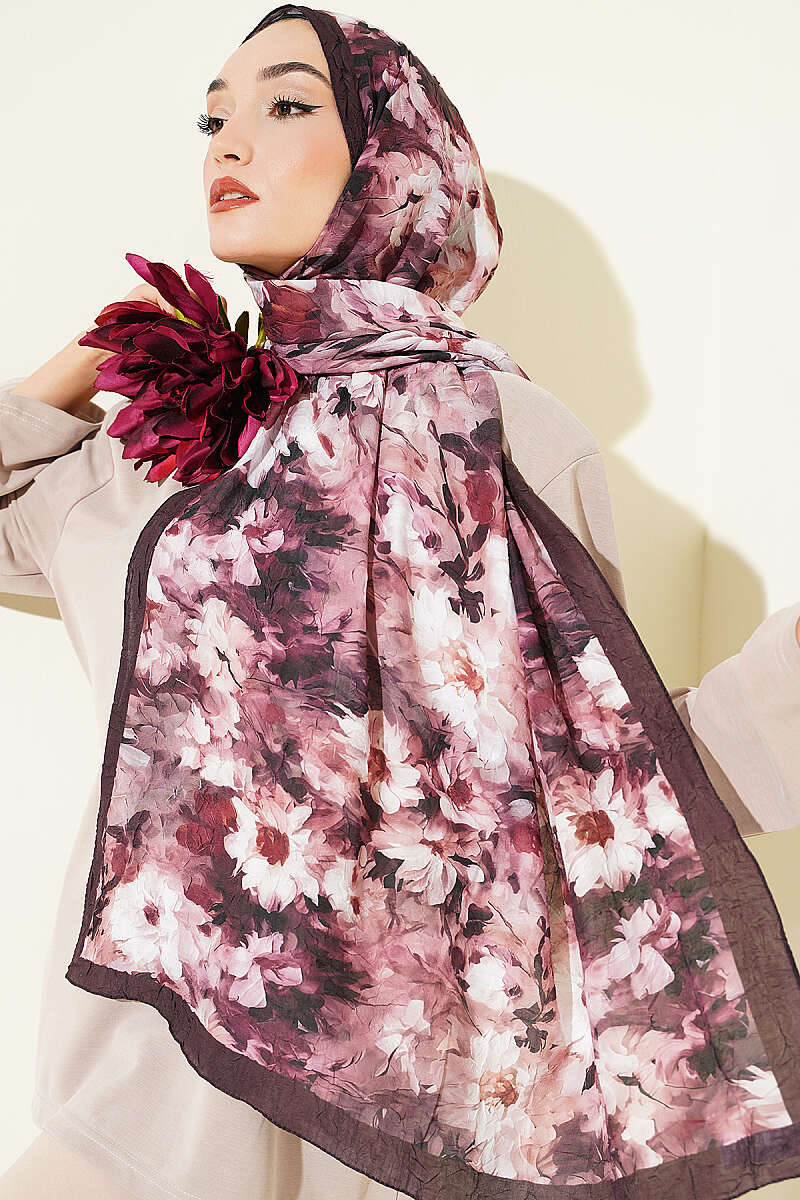 Daisy Print Bamboo Crinkle Shawl - Dark Brown