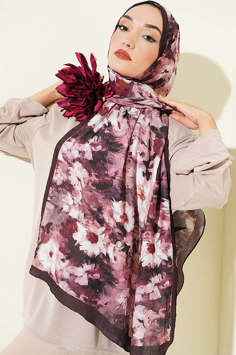 Daisy Print Bamboo Crinkle Shawl - Dark Brown