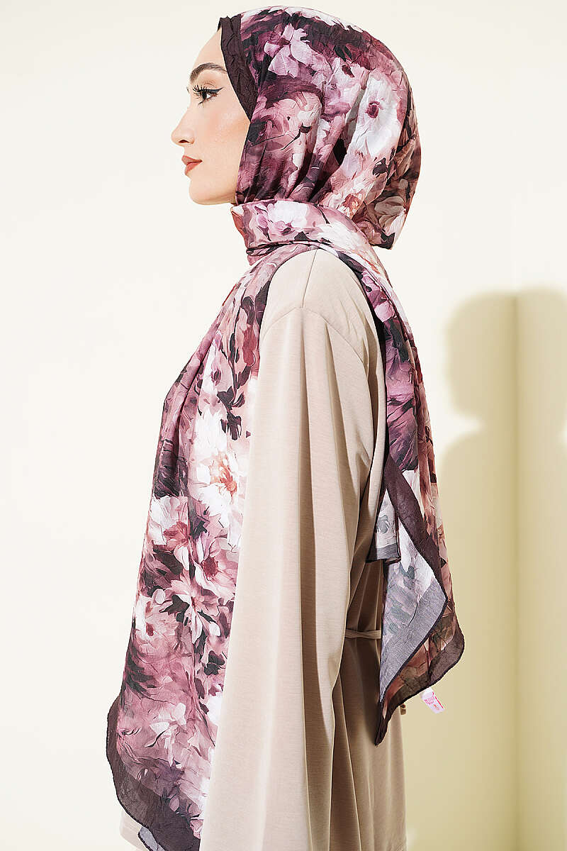 Daisy Print Bamboo Crinkle Shawl - Dark Brown