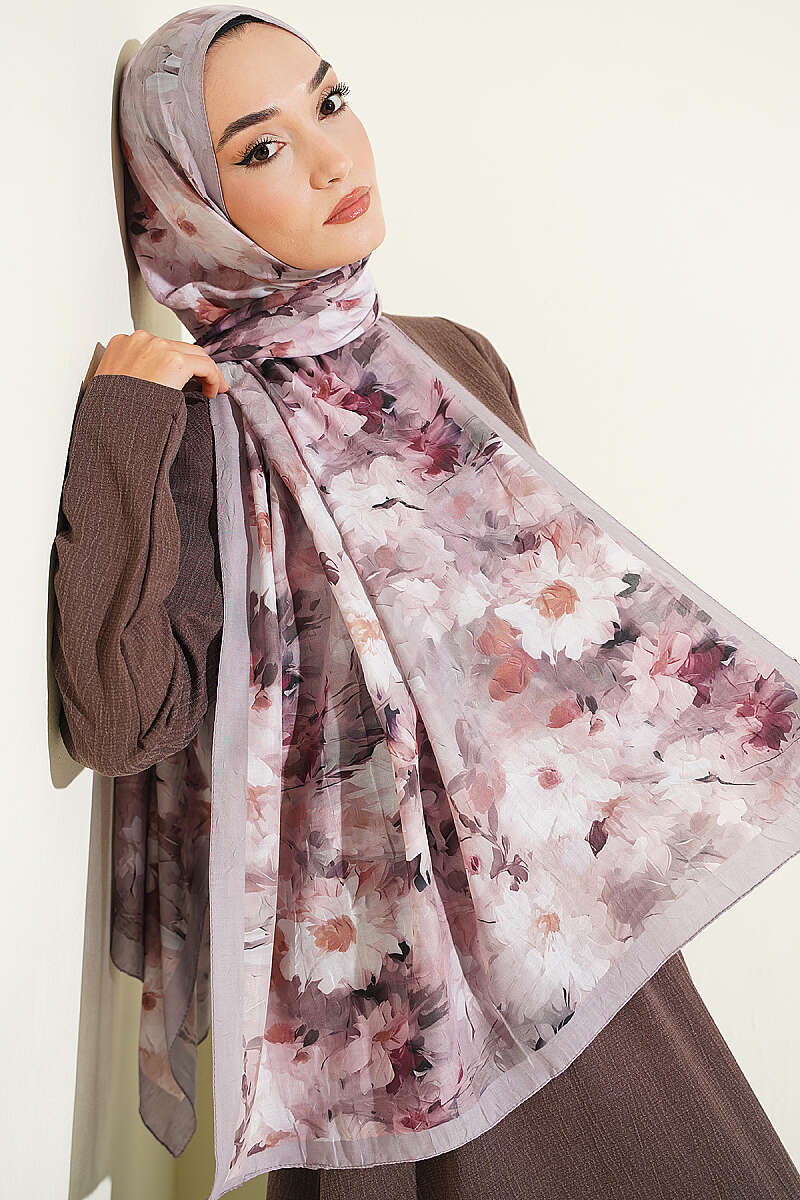 Daisy Print Bamboo Crinkle Shawl - Light Mink