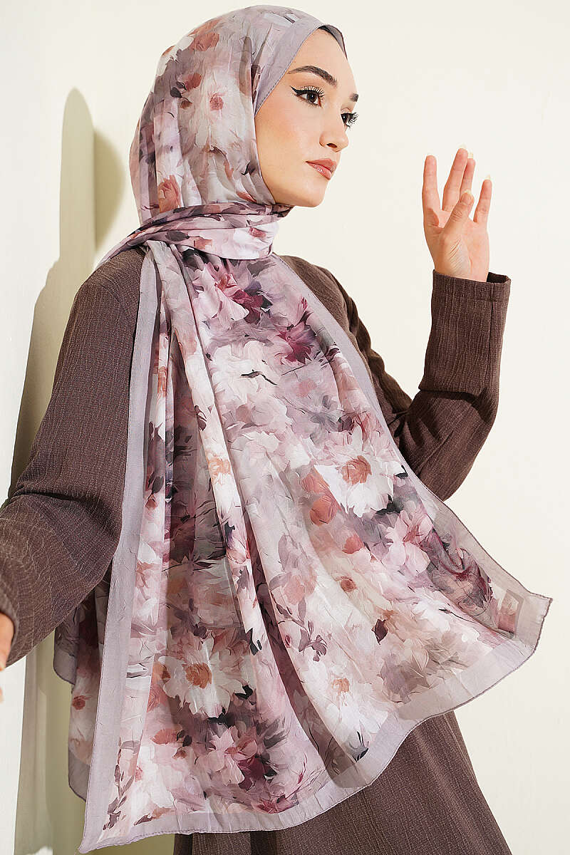 Daisy Print Bamboo Crinkle Shawl - Light Mink
