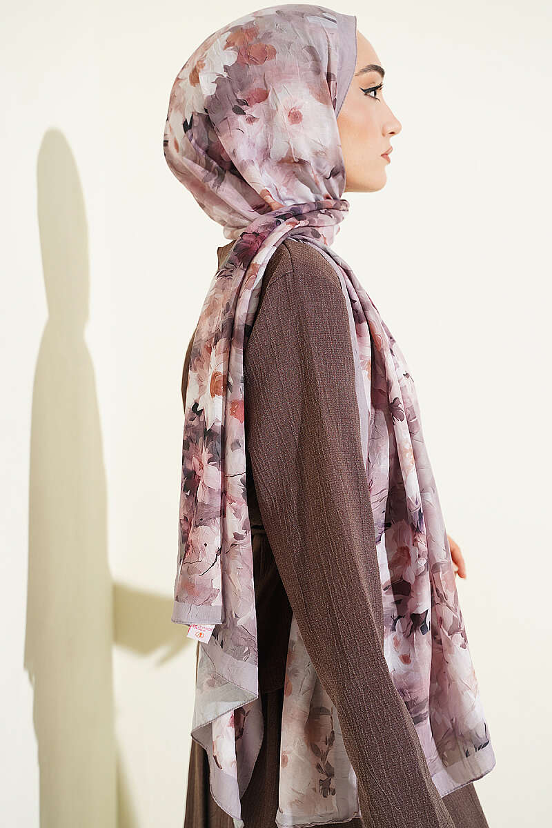 Daisy Print Bamboo Crinkle Shawl - Light Mink