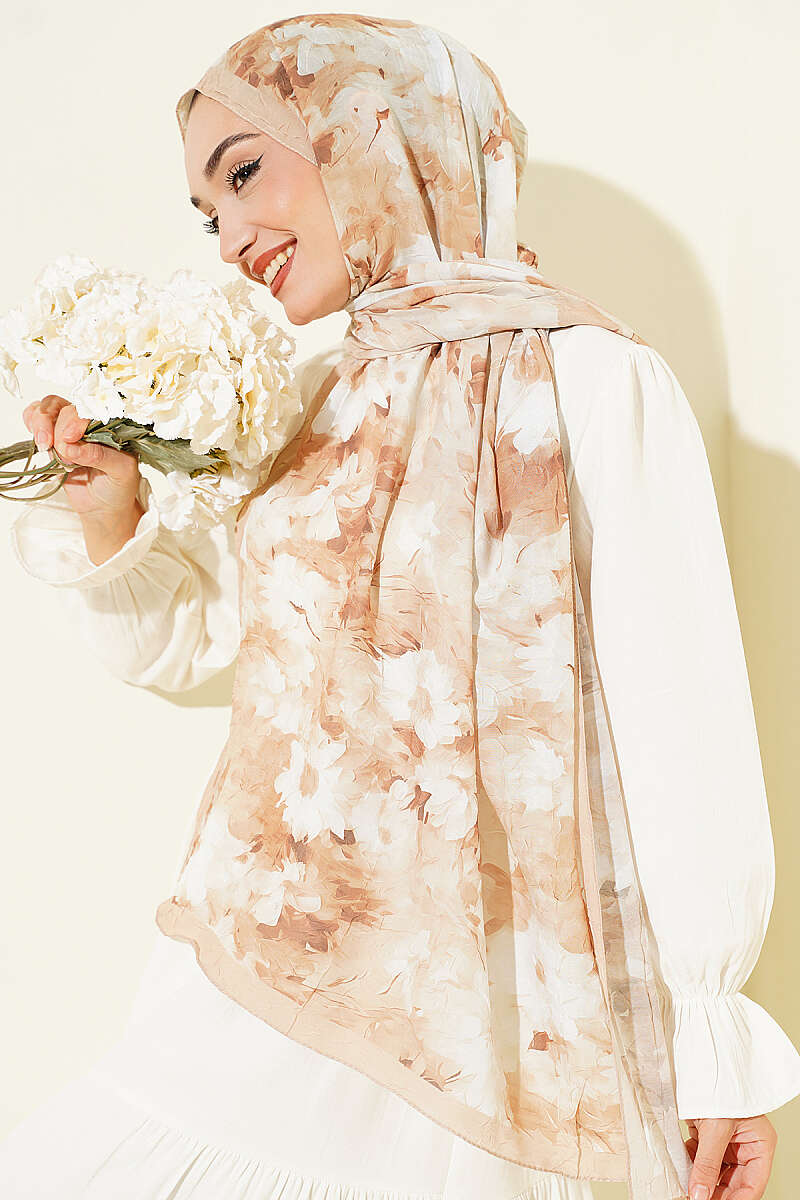 Daisy Print Bamboo Crinkle Shawl - Beige