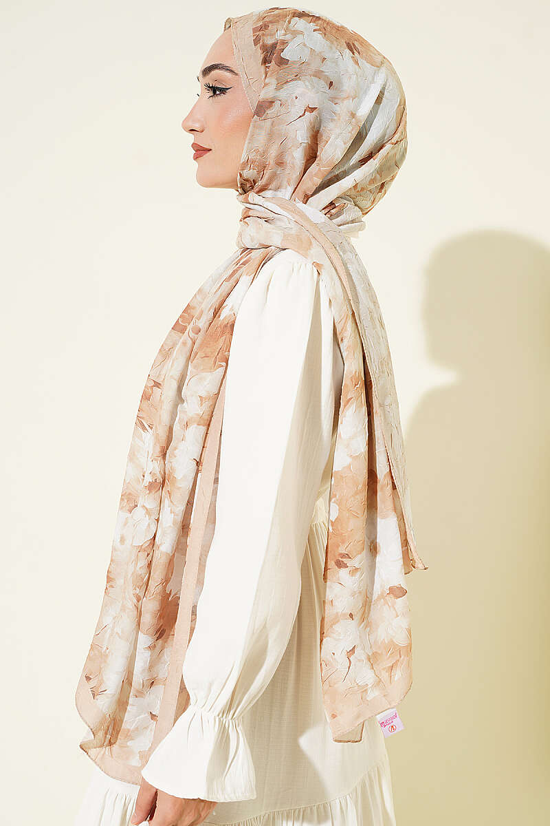 Daisy Print Bamboo Crinkle Shawl - Beige