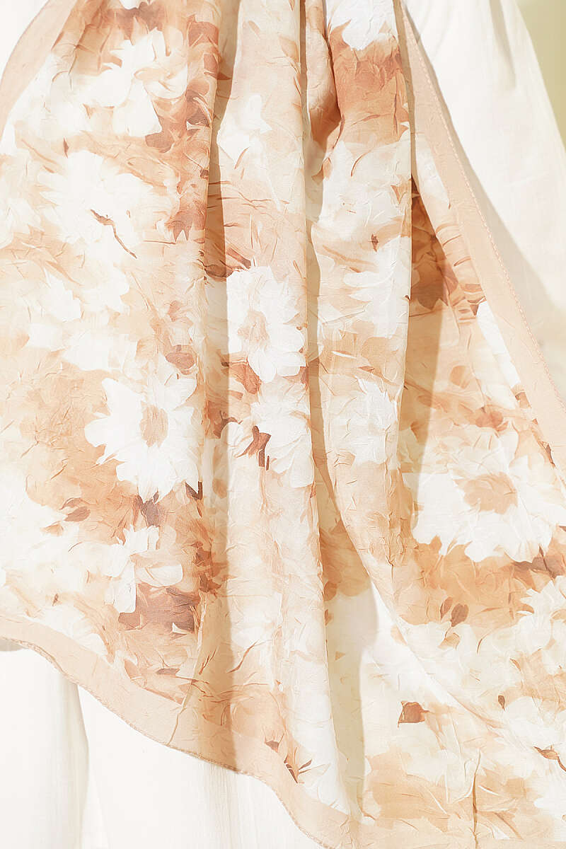 Daisy Print Bamboo Crinkle Shawl - Beige