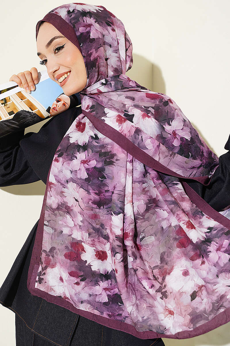 Daisy Print Bamboo Crinkle Shawl - Burgundy