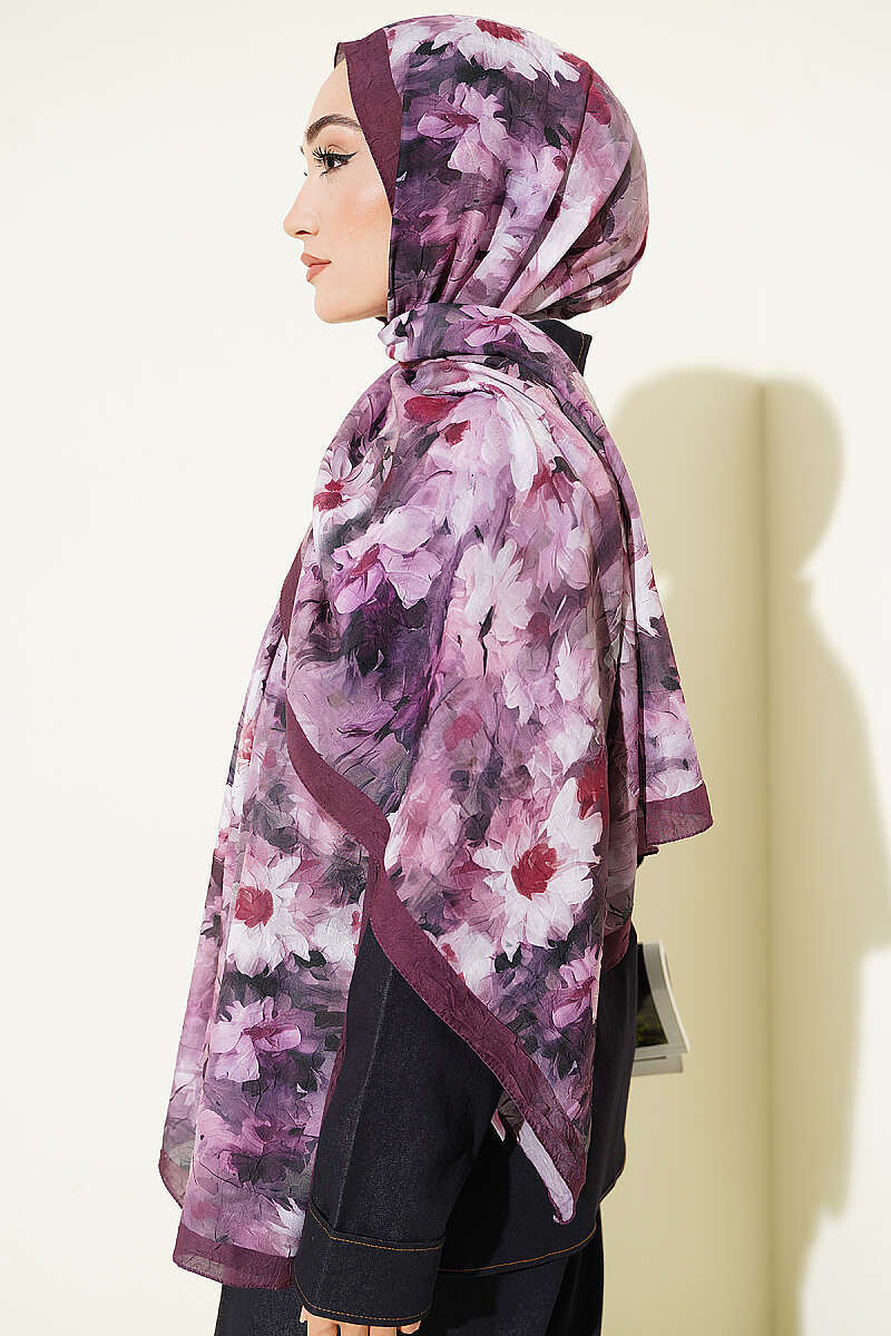 Daisy Print Bamboo Crinkle Shawl - Burgundy