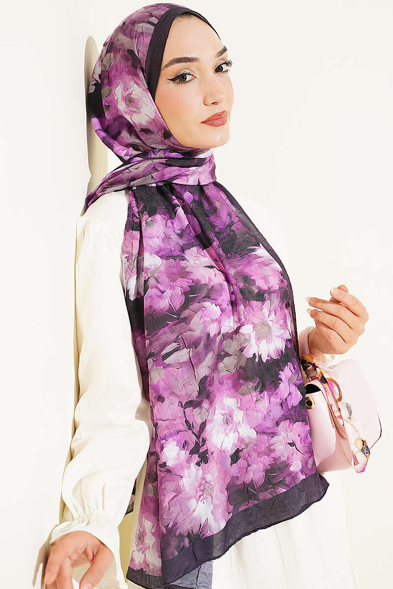 Daisy Print Bamboo Crinkle Shawl - Lavender