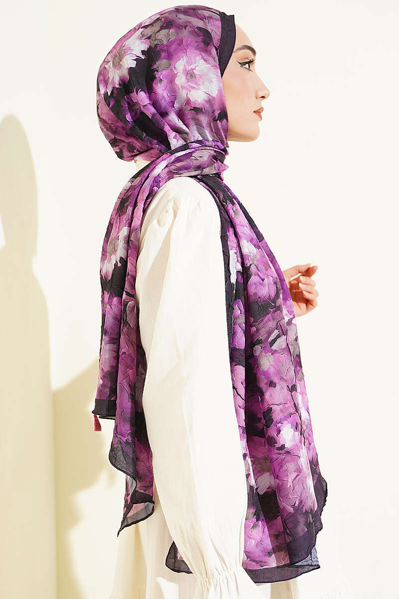Daisy Print Bamboo Crinkle Shawl - Lavender