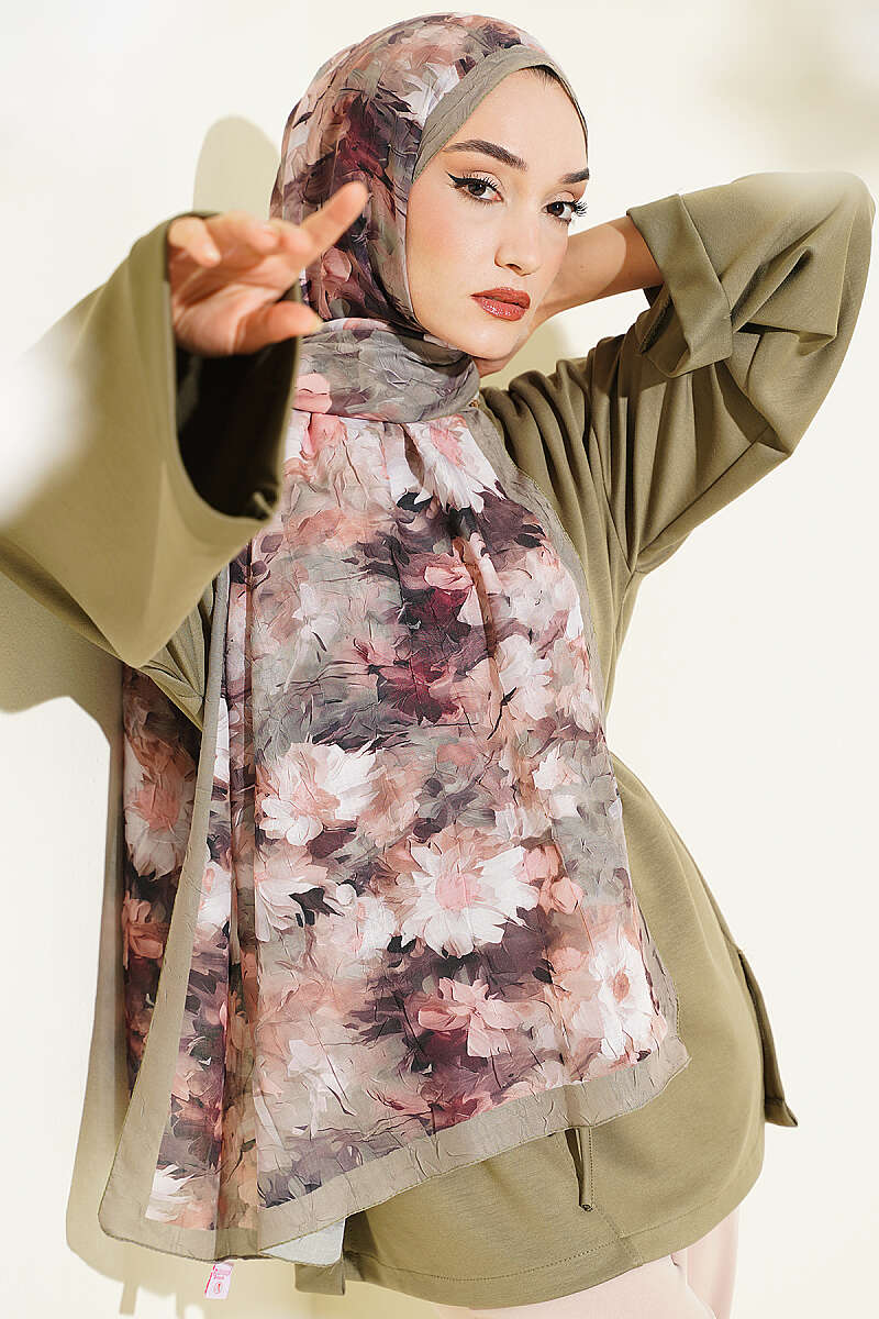 Daisy Print Bamboo Crinkle Shawl - Khaki