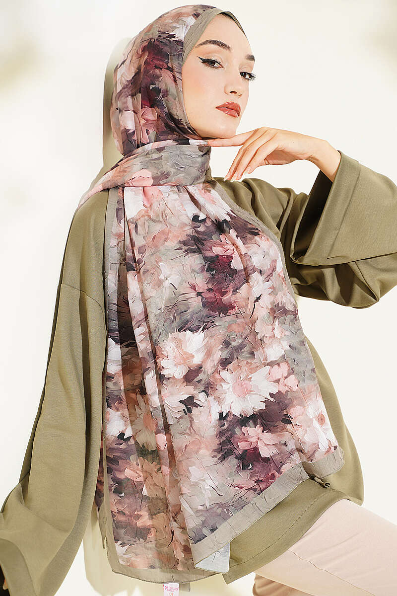 Daisy Print Bamboo Crinkle Shawl - Khaki