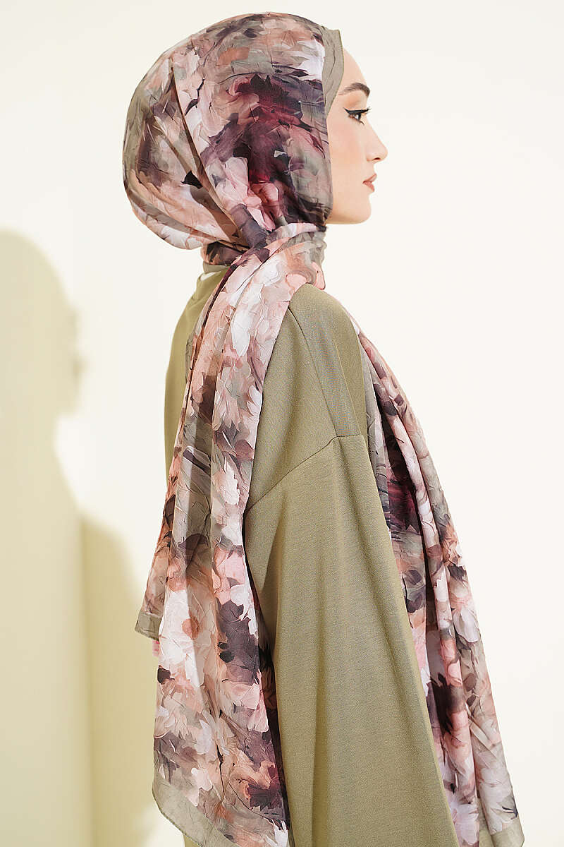 Daisy Print Bamboo Crinkle Shawl - Khaki