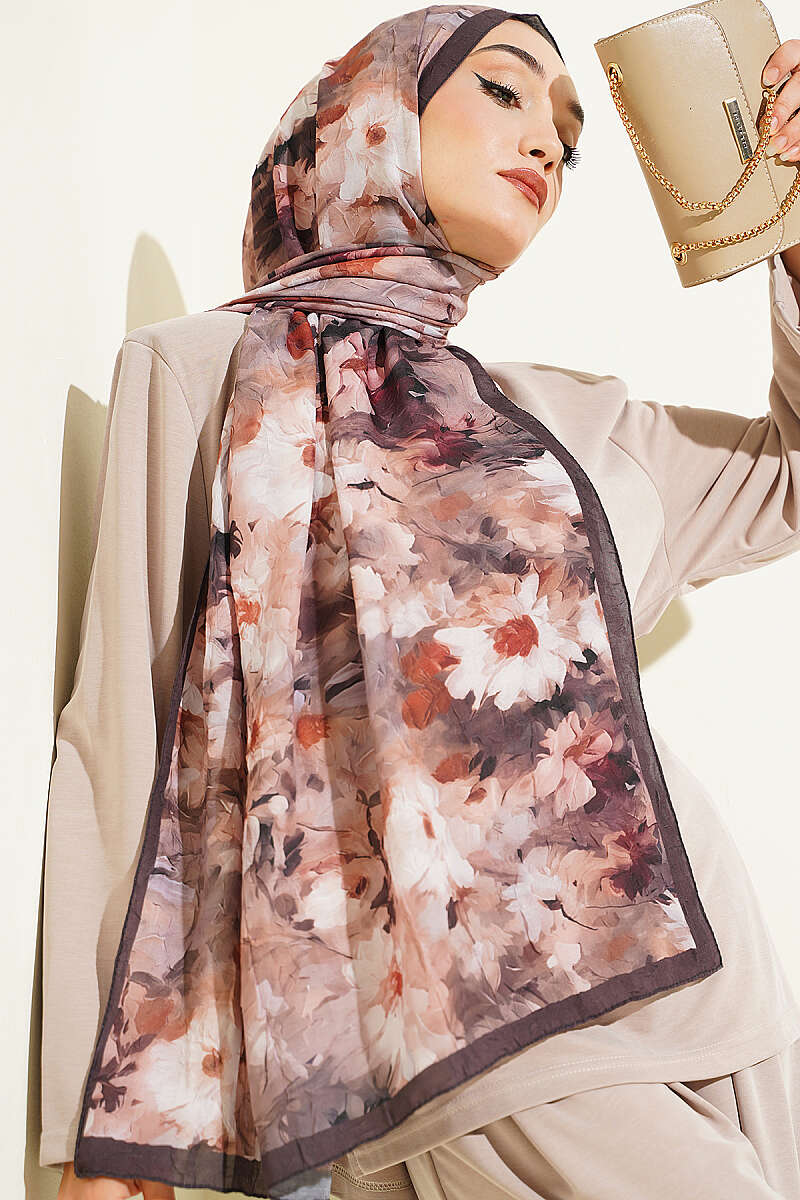 Daisy Print Bamboo Crinkle Shawl - Chestnut