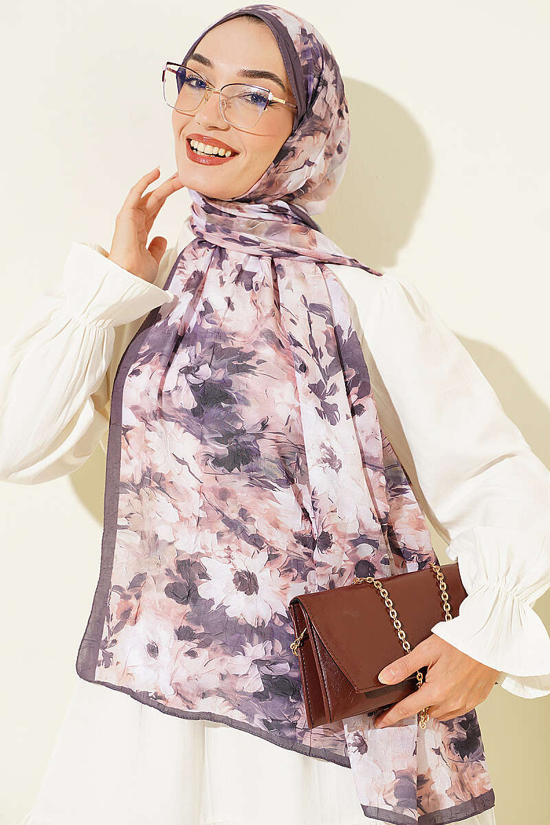 Daisy Print Bamboo Crinkle Shawl - Dark Mink