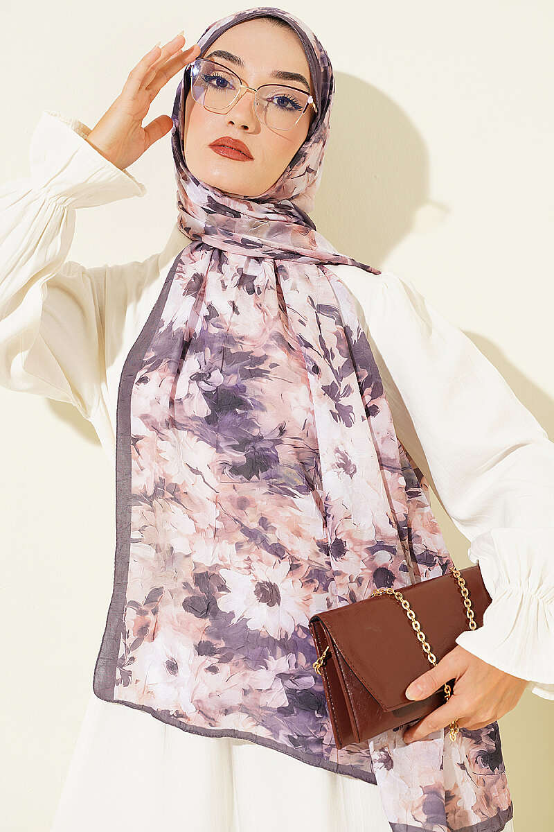 Daisy Print Bamboo Crinkle Shawl - Dark Mink